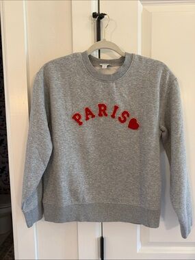 J. Crew Grey Crewneck Sweater with Red PARIS Appliqué